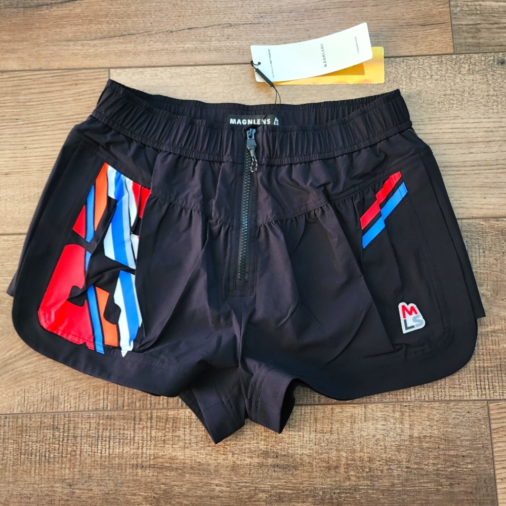 Amazon Essentials Black Athletic Shorts with Red, Blue, White & Orange Accents